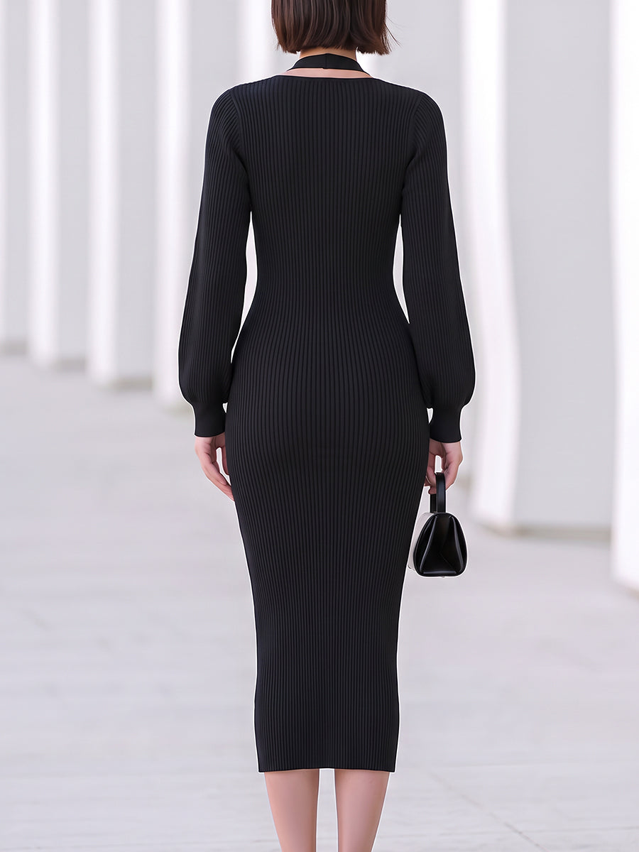 Halter Neck Ribbed Knit Midi Dress