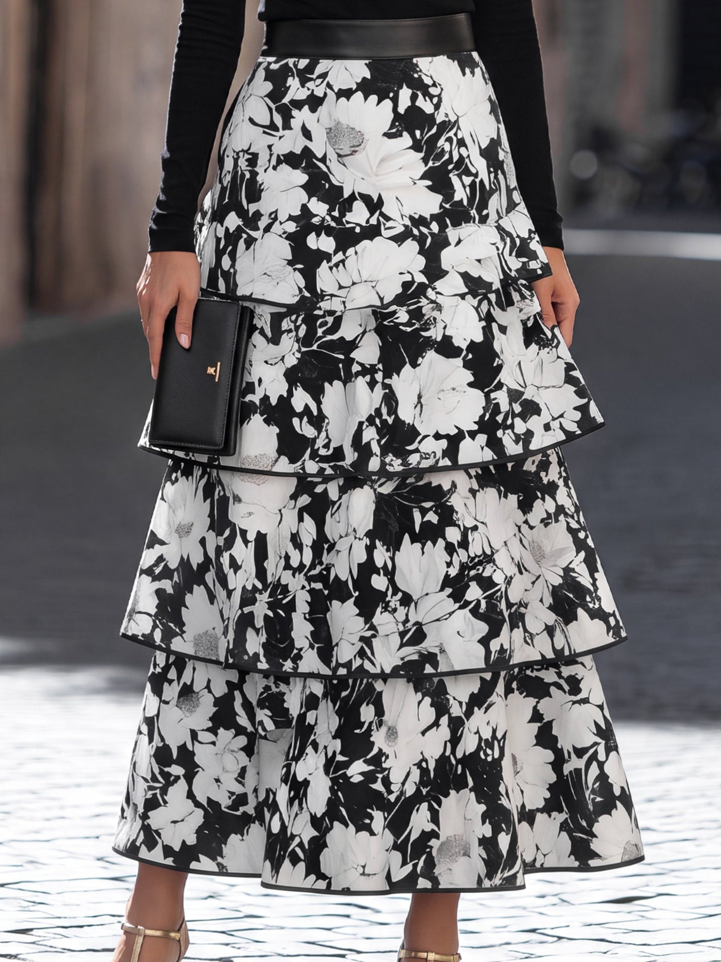 Fitted Top and Tiered Floral Midi Skirt Two-Piece Set