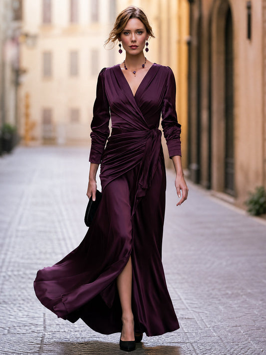 Plum Satin V-Neck Wrap Maxi Dress