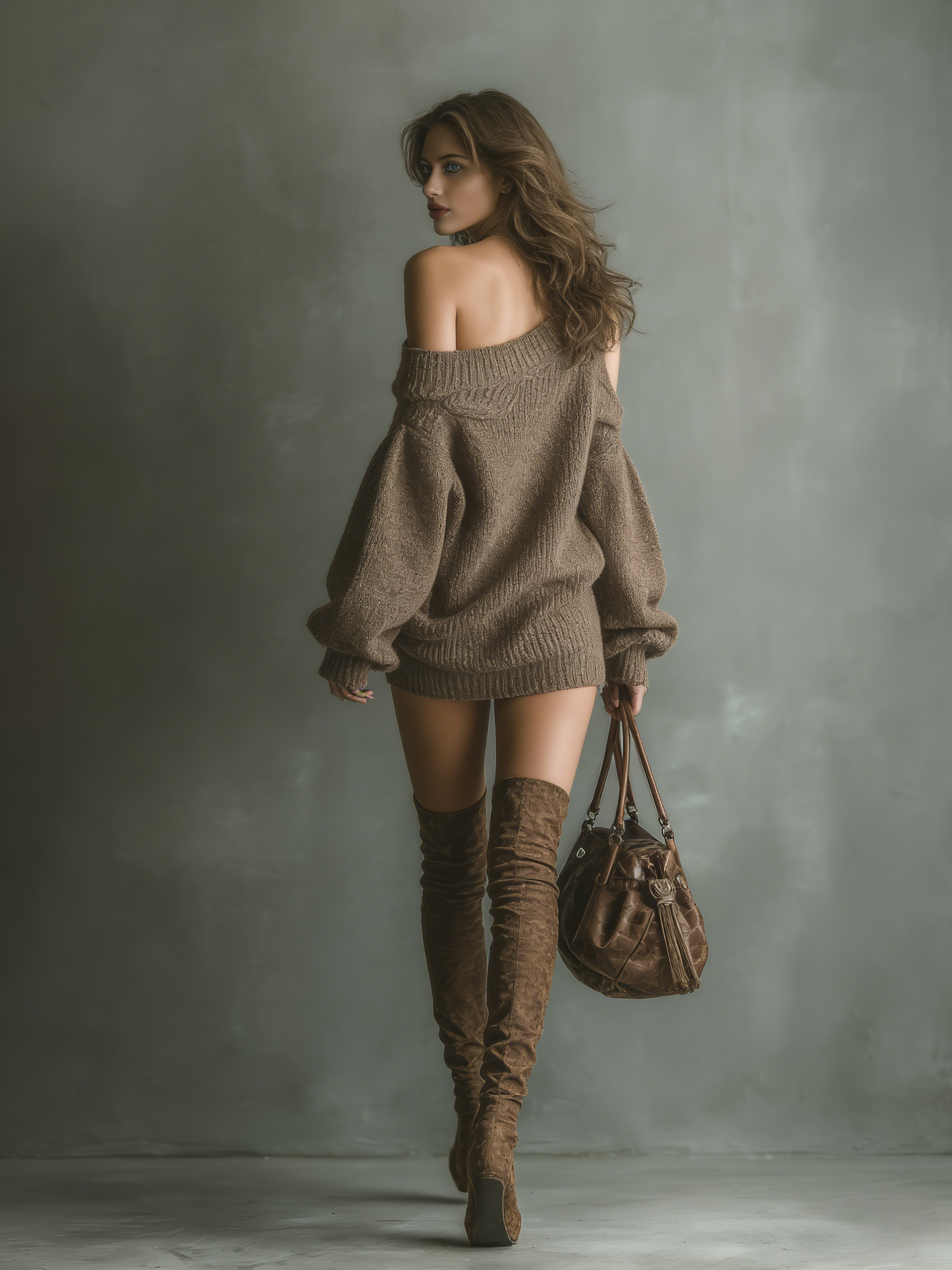 Women's Brown Off Shoulder Knit Mini Dress