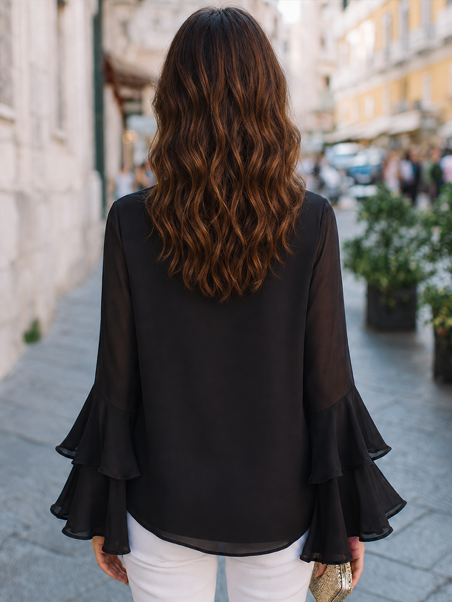 Tie Neck Ruffle Sleeve Draped Blouse