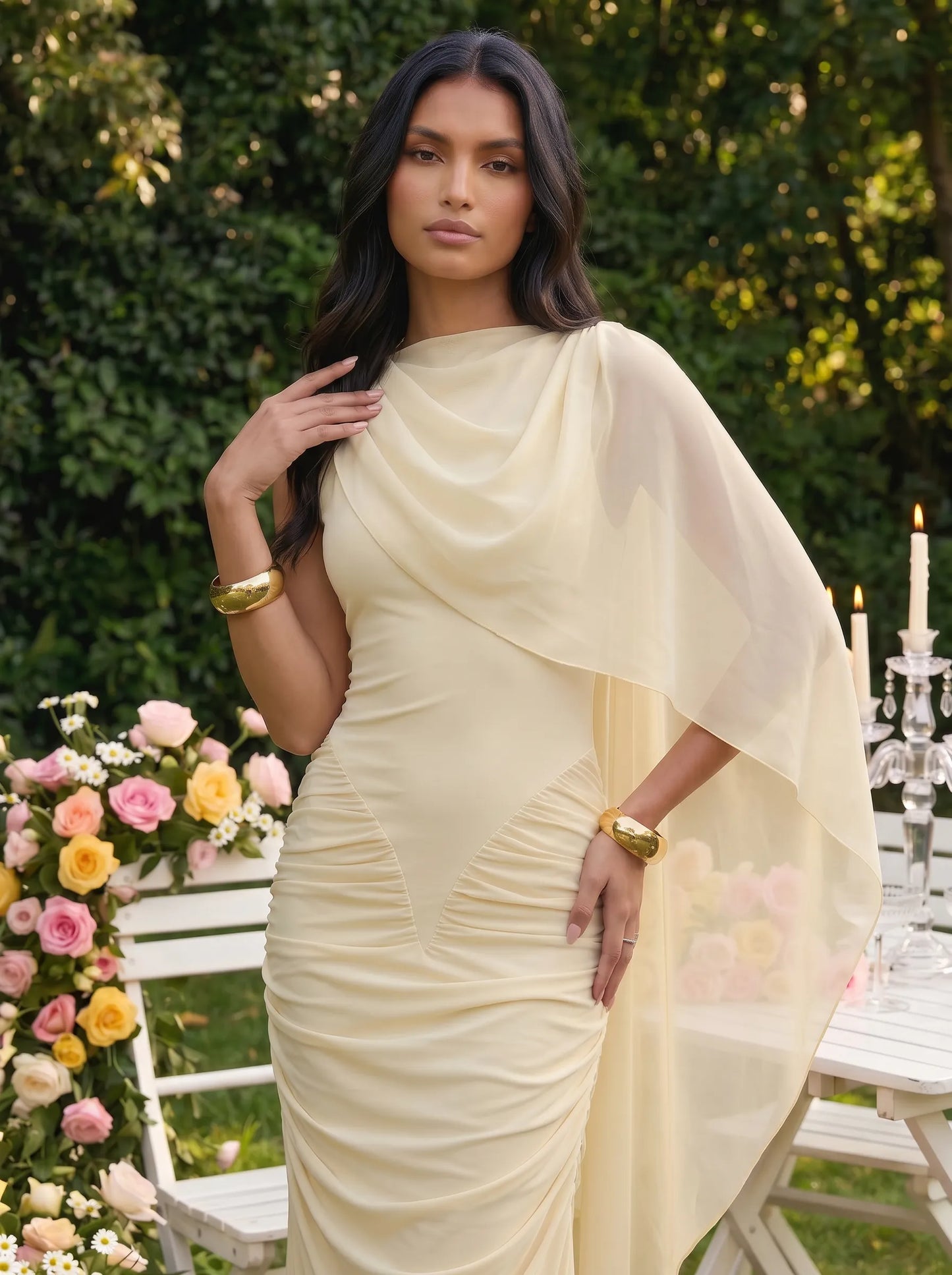 One Shoulder Ruched Chiffon Cape Overlay Bridesmaid Dress