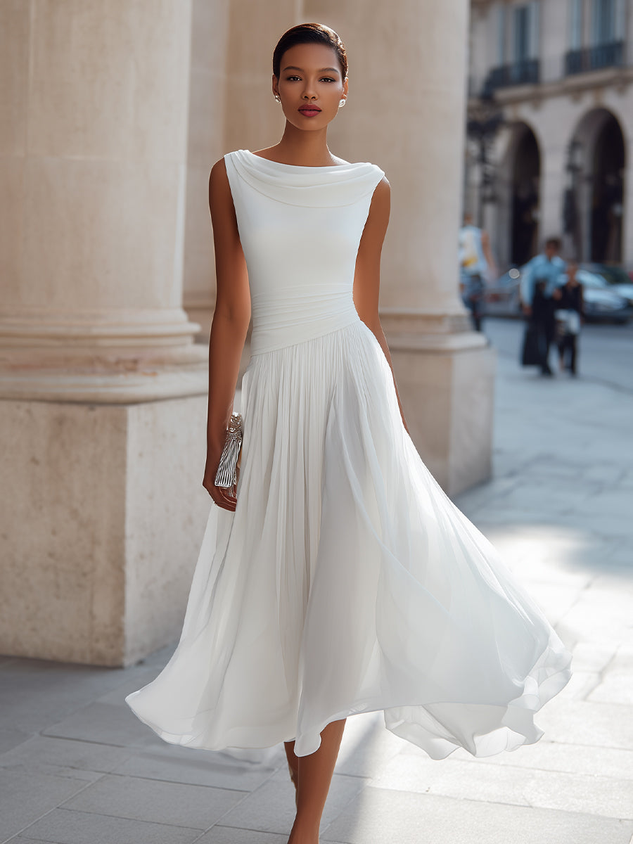 Donna | Flowy Neck Chiffon Formal Midi Dress