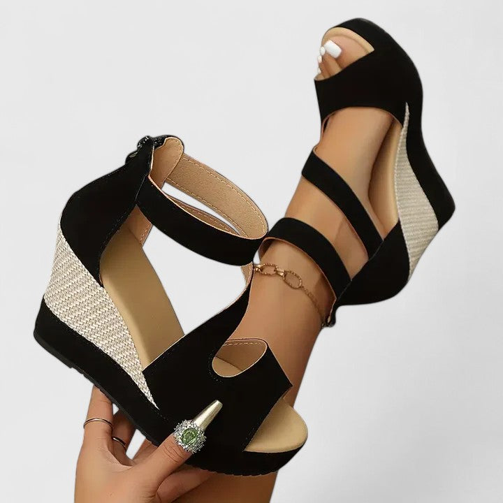 Mary | Black Strap Woven Wedge-Heel Platform Sandals