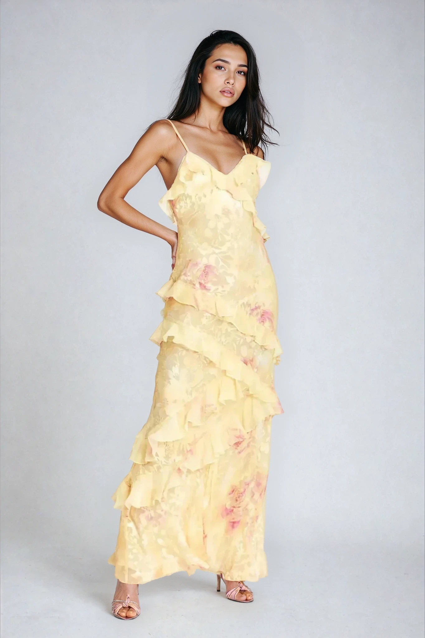 Saige | Botanical Print Ruffle Open Back Spring Maxi Dress
