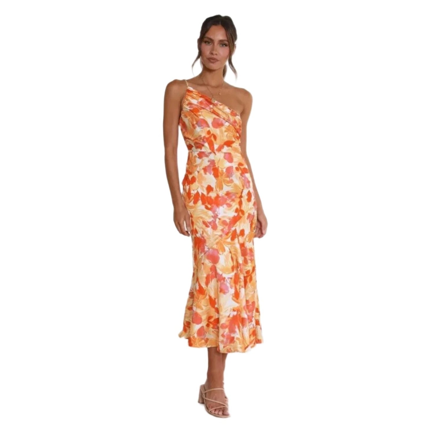 Stephanie | One Shoulder Botanical Print Spring Wedding Guest Midi Dress