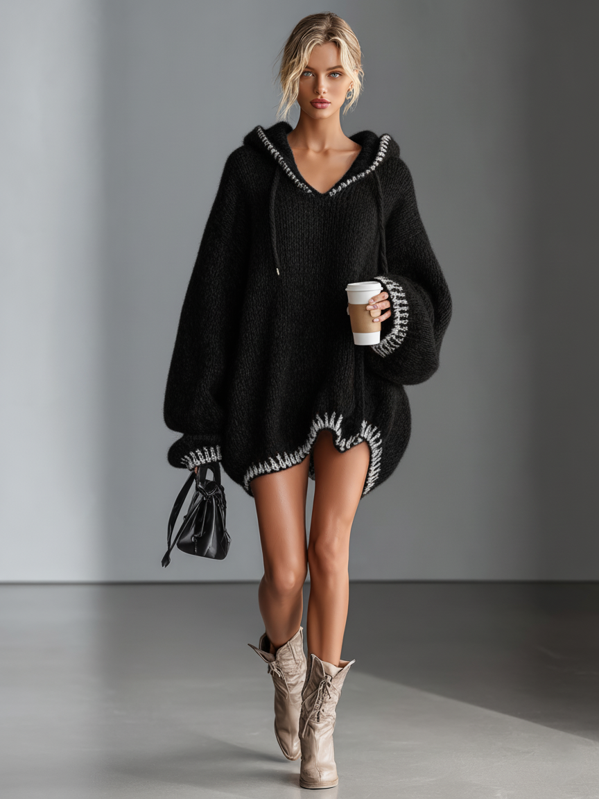 Women's Hooded Pink Trim Knit Mini Dress