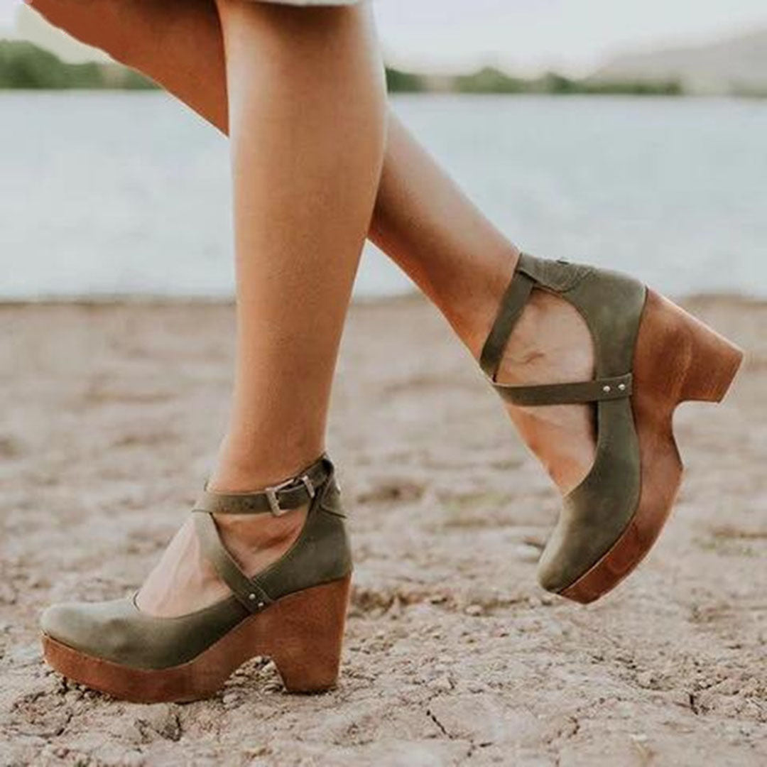 Aspen | Crossover Ankle Strap Wooden Wedge-Heel Heels