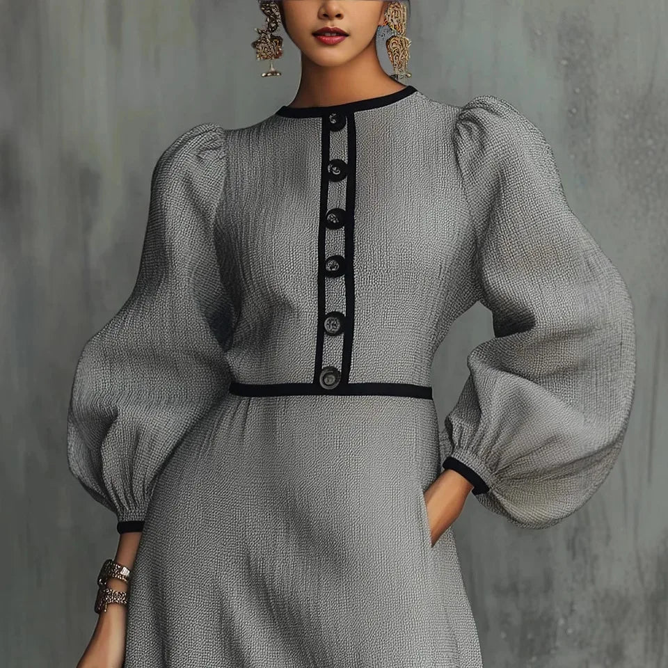 Women's Mini Dress Lantern Sleeve Button Front Contrast Trim A-Line Shift