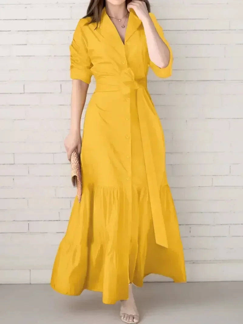 Women's Tiered Tie Waist Maxi Shirt Dress