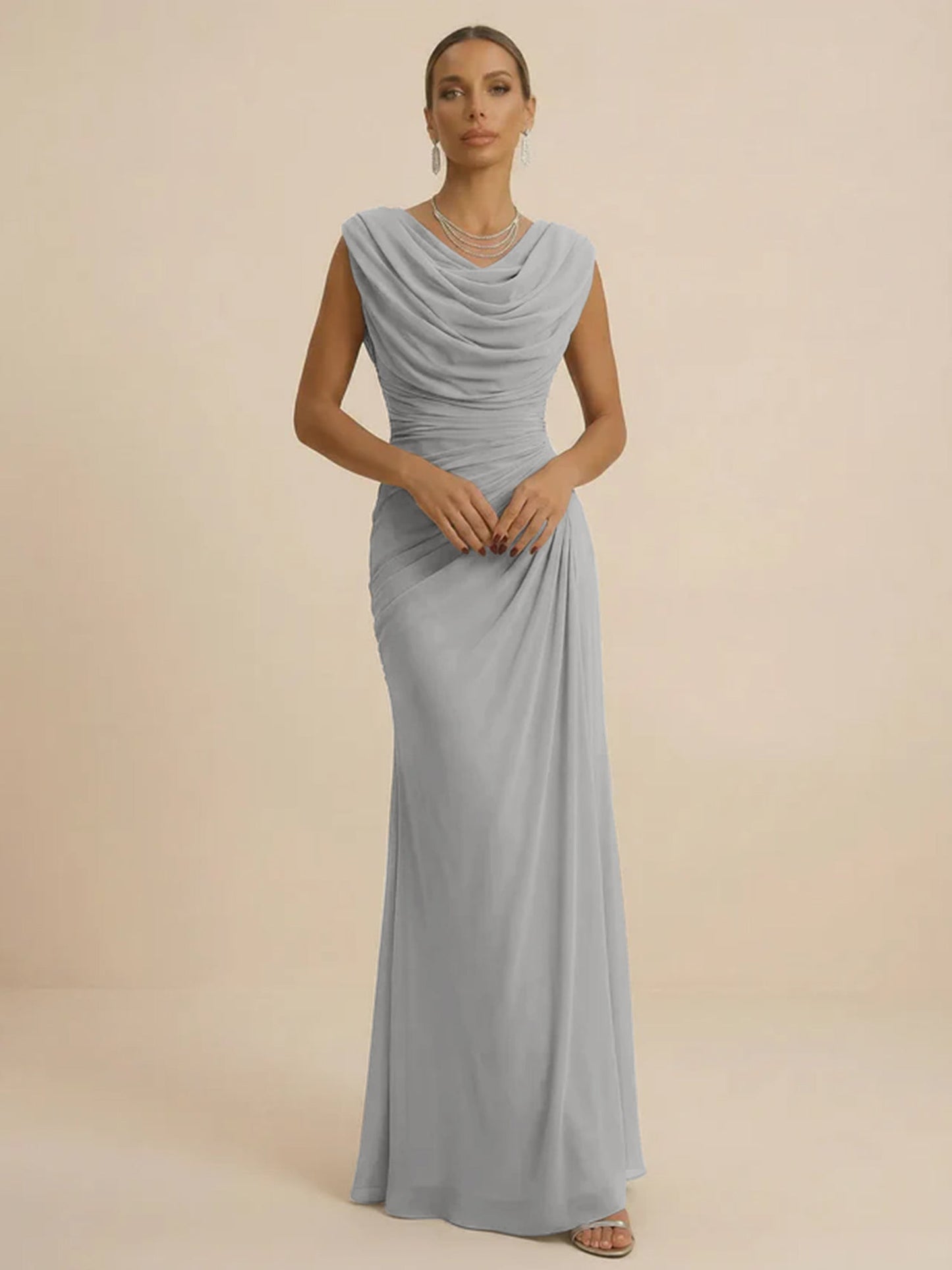 Mist | Draped Cowl Neck Ruched Chiffon Wedding Guest Dress