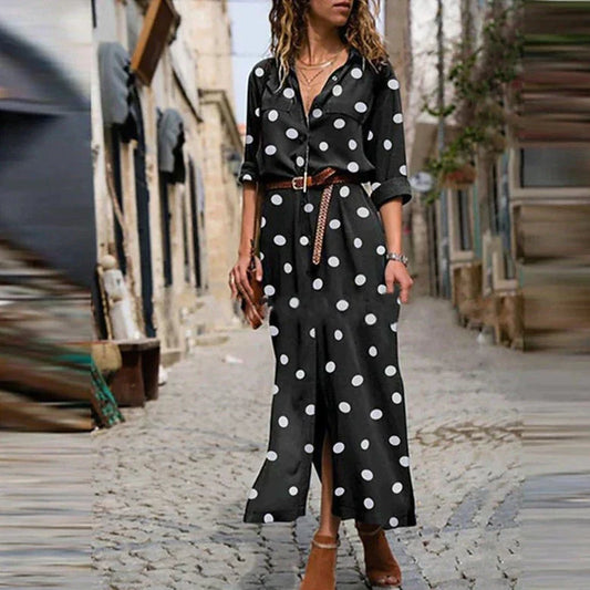 Polka Dot Long Sleeve Button Down Shirt Maxi Dress