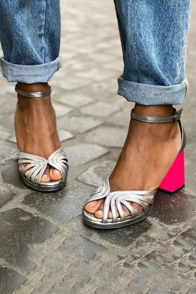 Alana | Shiny Metallic Ankle-Strap Block Heesls