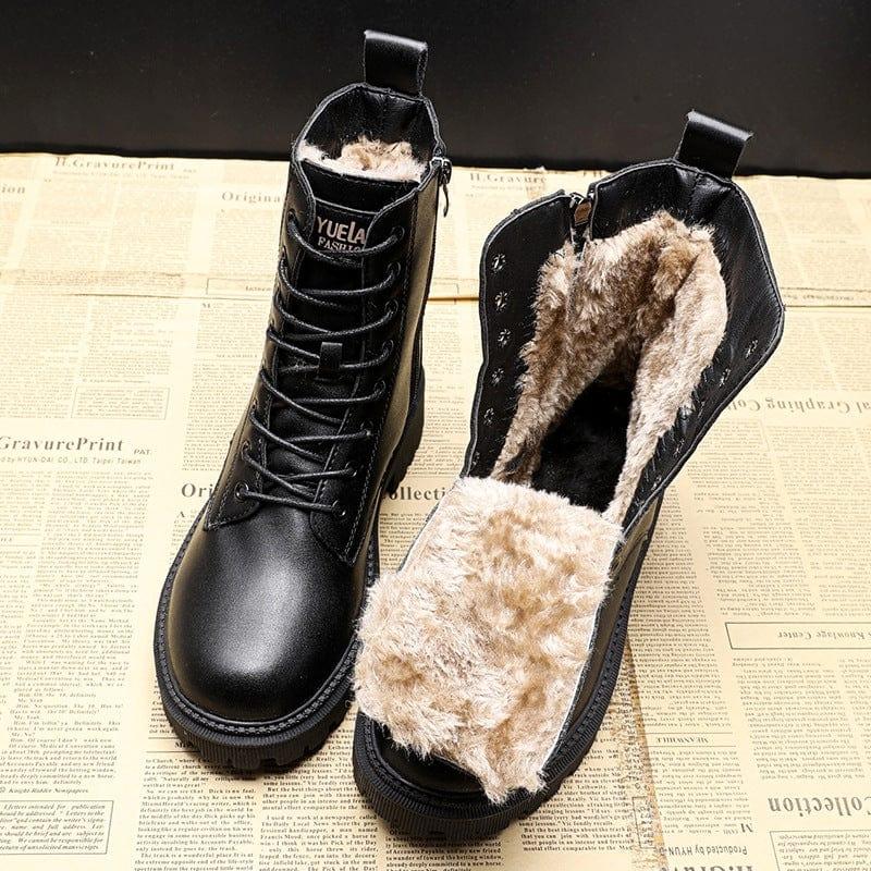 Wrenna | Black Leather Lace Up Fleece Lined Combat Boots