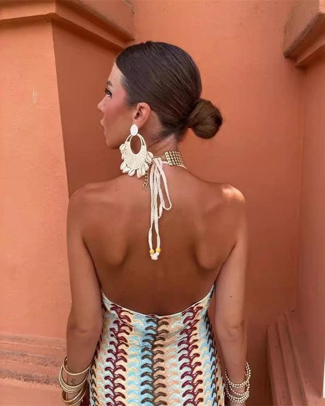 Devon | Crochet Halter-Neck Open Back Maxi Vacation Dress