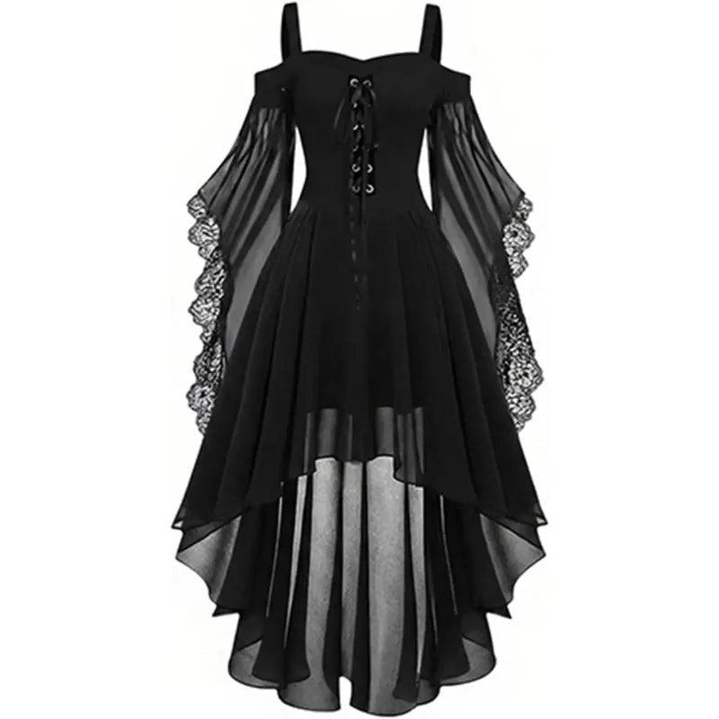 Morrigan | Black Gothic Lace Up Bell Sleeve High Low Dress 3