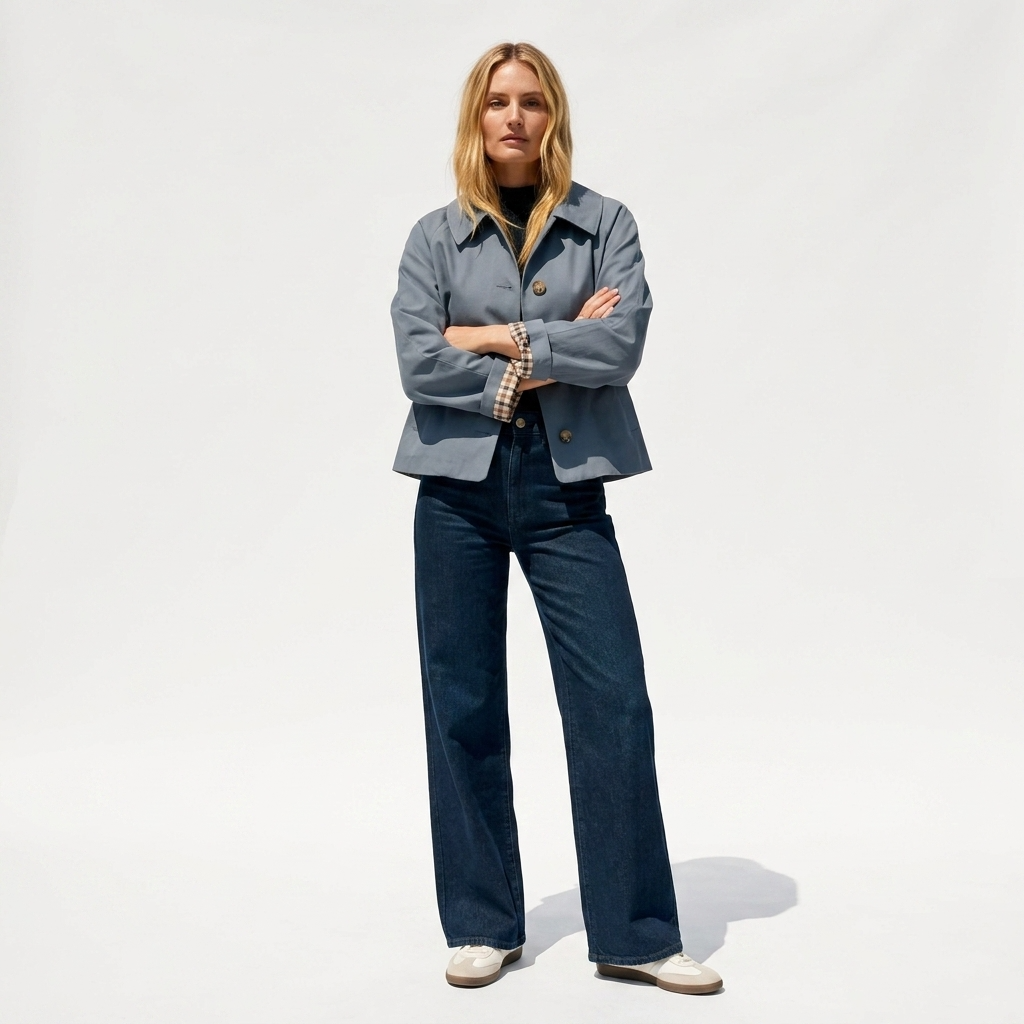 Women's Oversized Cropped Gingham Lined Trench Jacket