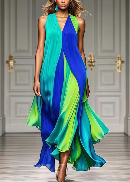 Alice | Colorful Front-Pleated Halter Chiffon Maxi Beach Dress