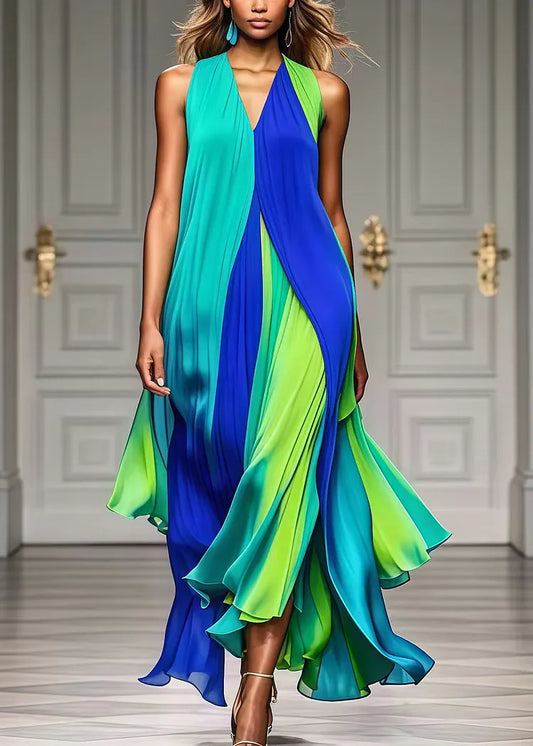 Alice | Colorful Front-Pleated Halter Chiffon Maxi Beach Dress