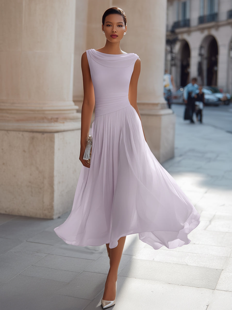 Donna | Flowy Neck Chiffon Formal Midi Dress