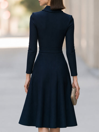 Crossover Neck Double-Breasted Knit Midi Dress