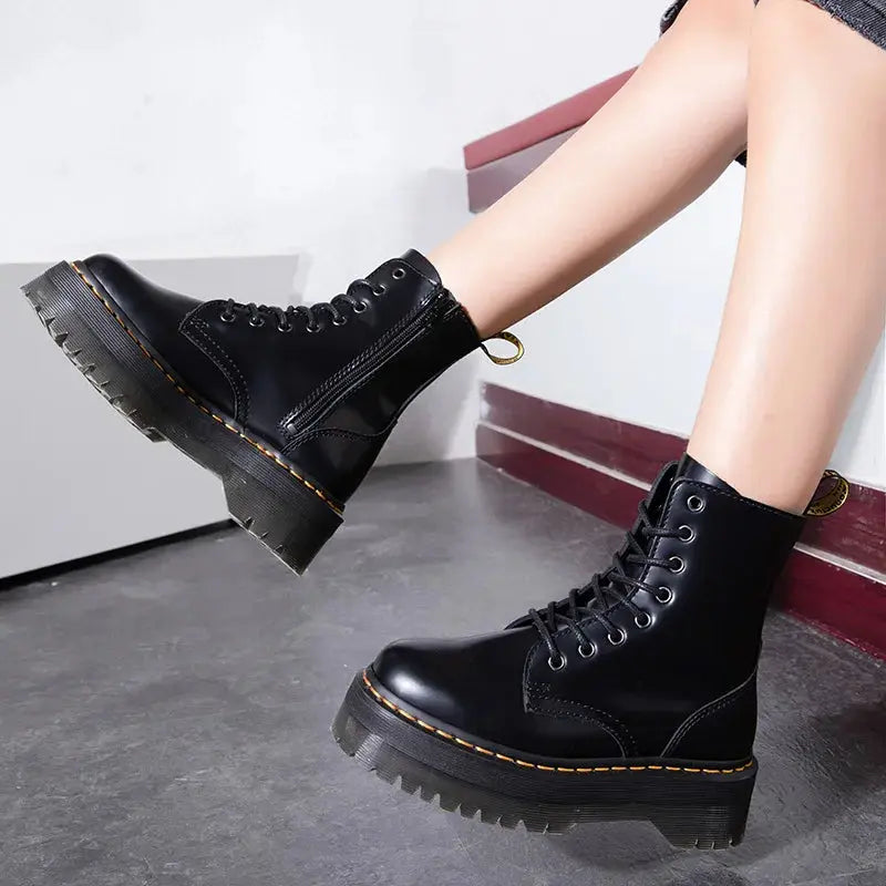 Zaria | Black Leather Contrast Stitch Lace Up Platform Boots