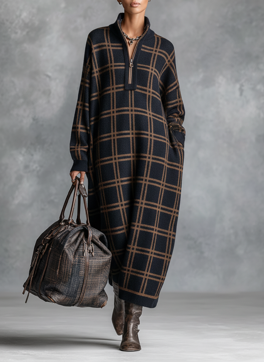 Women's Plaid Zip Neck Knit Maxi Dress