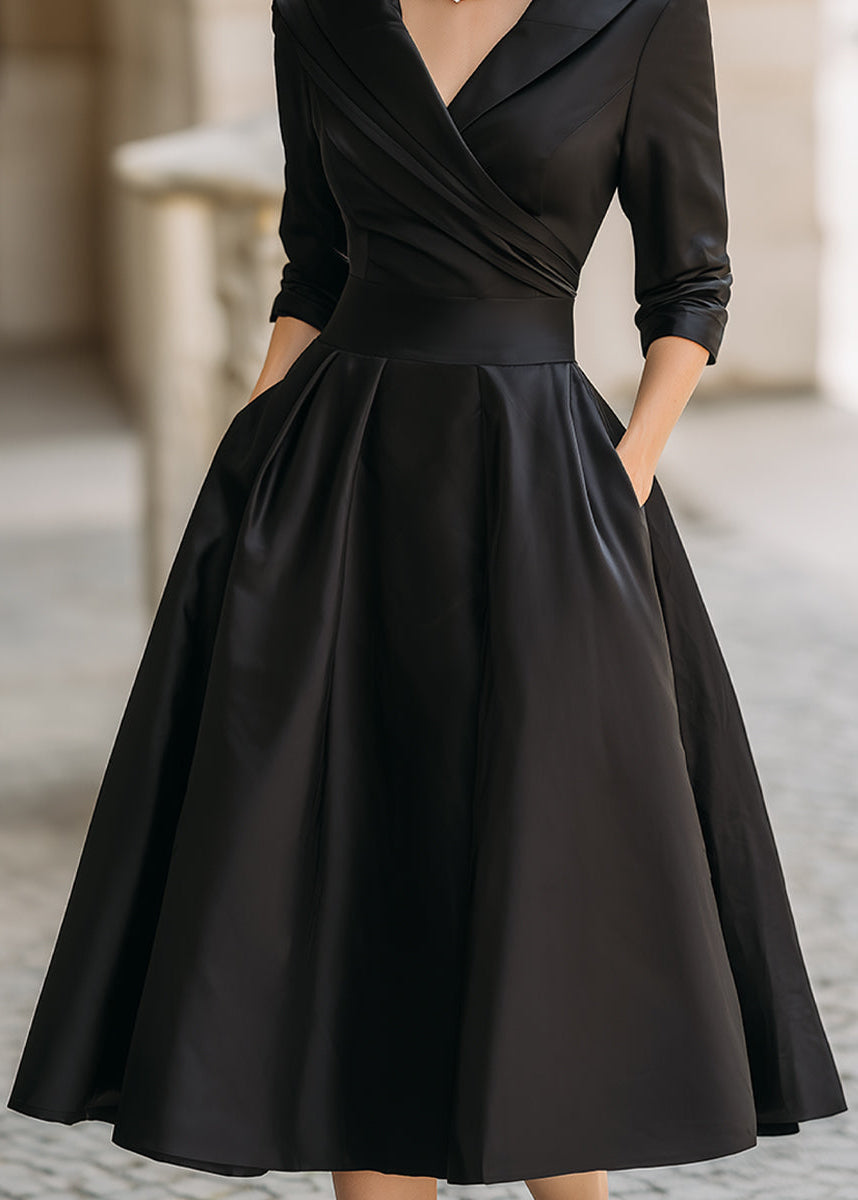 Women's Satin Midi Dress with Draped Collar and Pockets