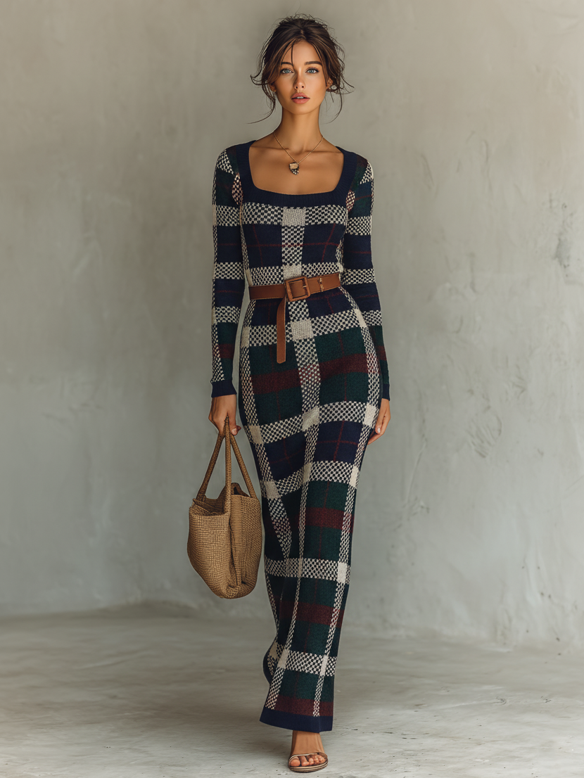 Women's Check Knit Belted Square Neck Maxi Dress