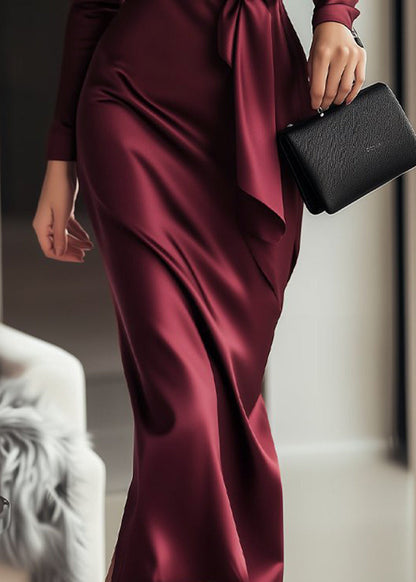 Women's Long Sleeve Satin Wrap Dress with Waist Tie Detail