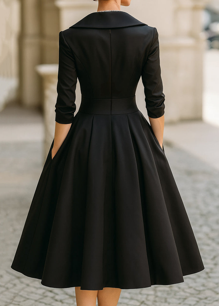 Women's Satin Midi Dress with Draped Collar and Pockets