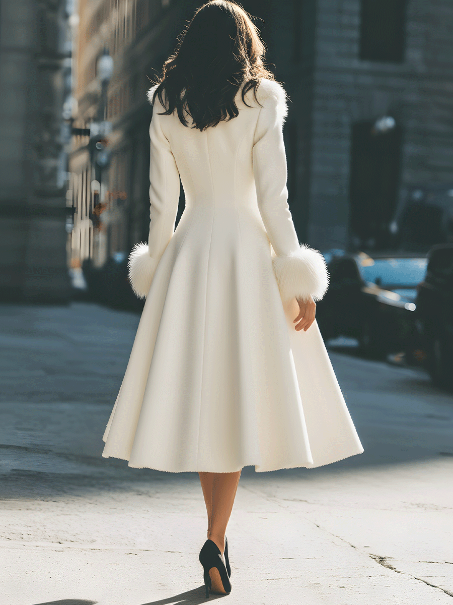 Women's Ivory Faux Fur Collar Flared Coat