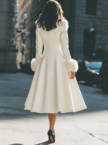 Women's Ivory Faux Fur Collar Flared Coat