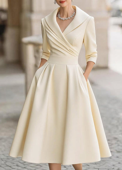 Women's Satin Midi Dress with Draped Collar and Pockets