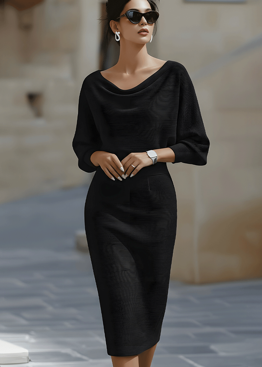 Women's Draped Batwing Midi Dress with Cowl Neckline