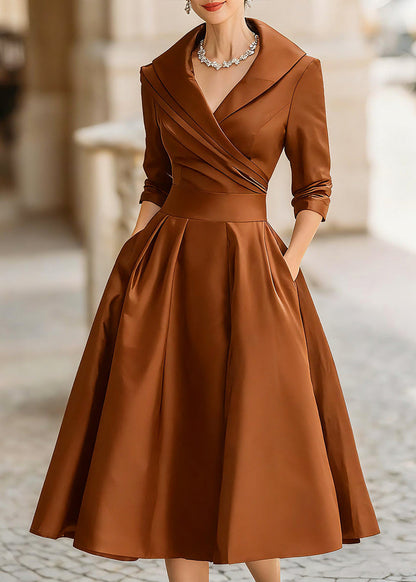Women's Satin Midi Dress with Draped Collar and Pockets