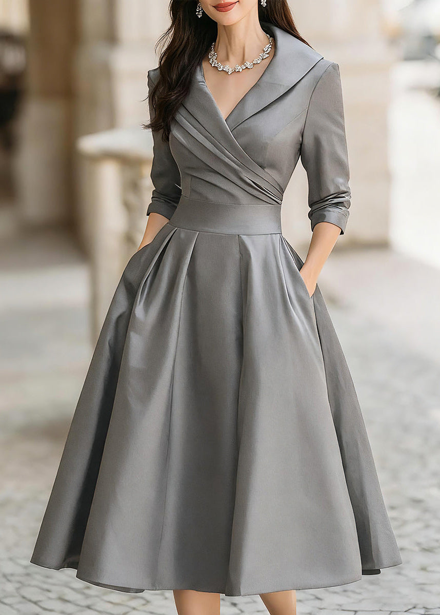 Women's Satin Midi Dress with Draped Collar and Pockets