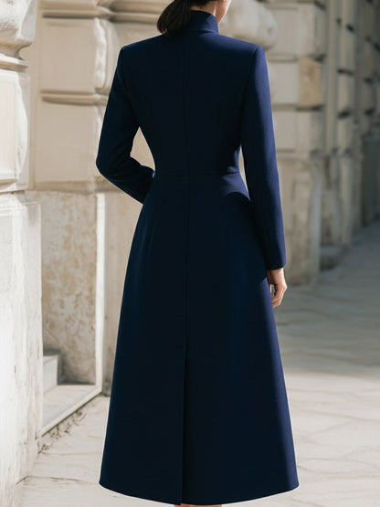 Women's Navy Stand Collar Maxi Wool Coat