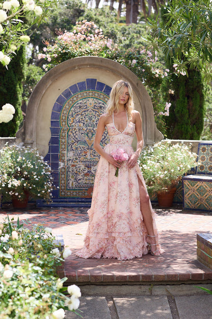 Sloane | Botanical Print Trim Halter Summer Wedding Guest Maxi Dress
