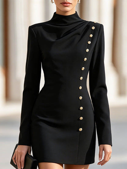 Mock Neck Button Detail Tailored Mini Dress