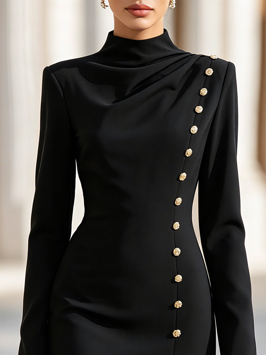 Mock Neck Button Detail Tailored Mini Dress