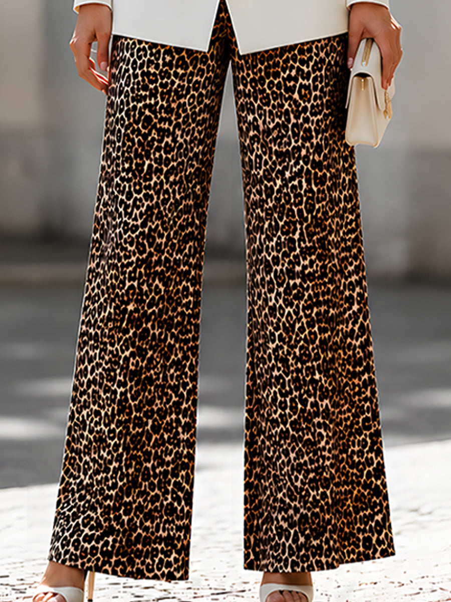 White Blazer and Leopard Print Wide Leg Pants Set