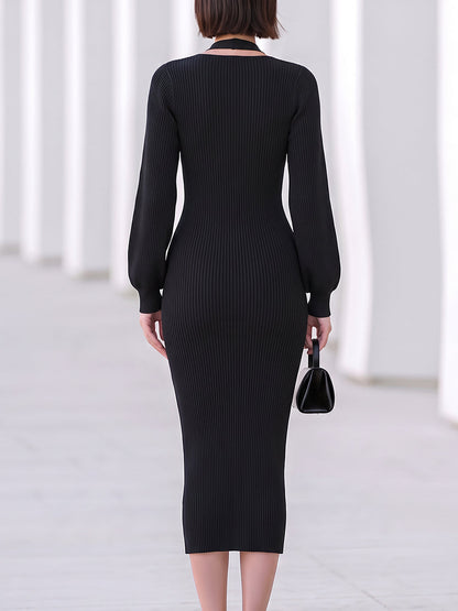 Halter Neck Ribbed Knit Midi Dress