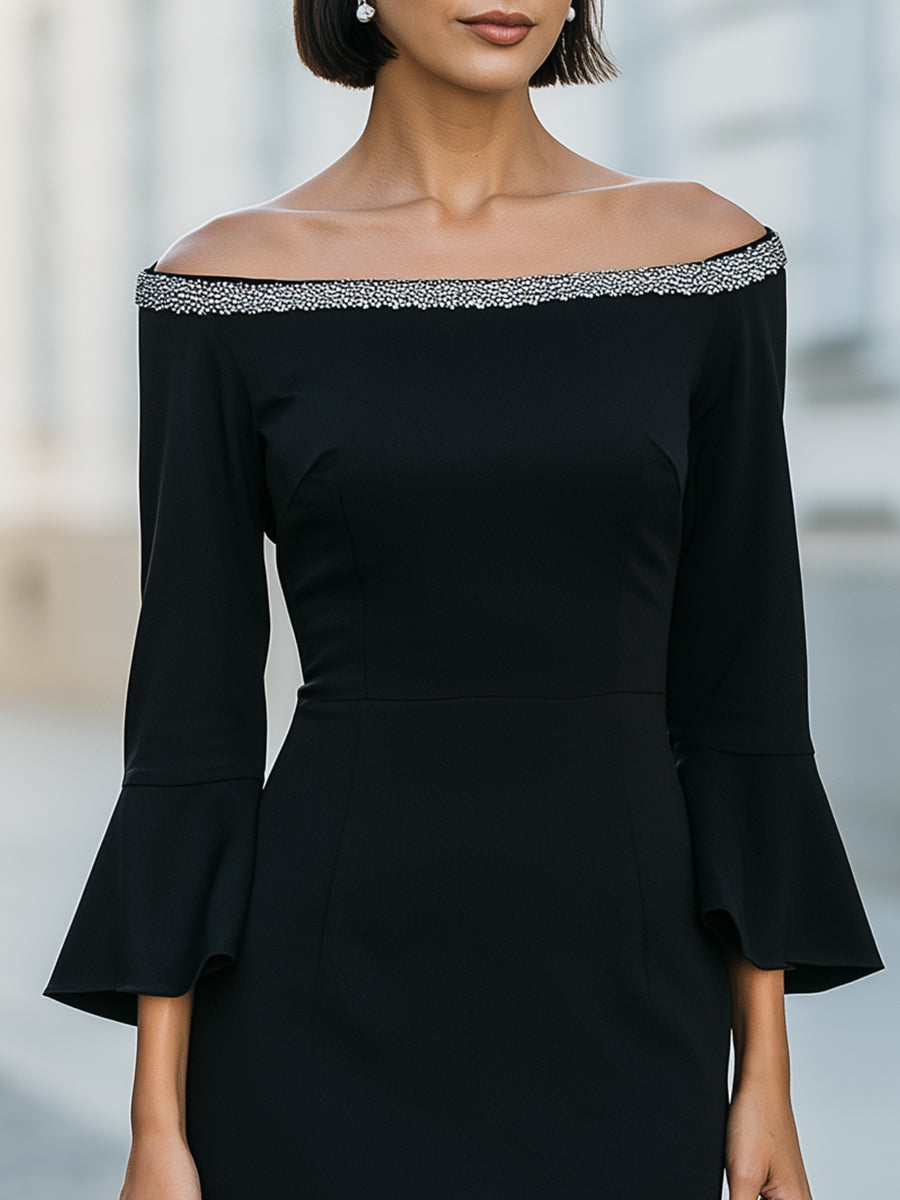 Crystal Trim Bell Sleeve Off-Shoulder Occasion Dress