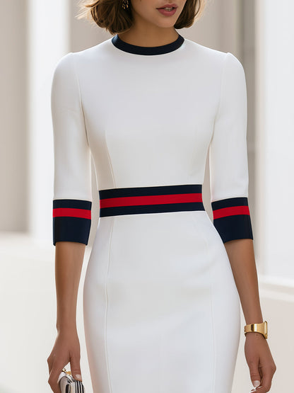 White Contrast Stripe Crew Neck Midi Dress