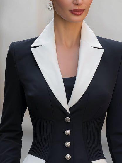 Contrast Notched Lapel Pleated Waist Blazer