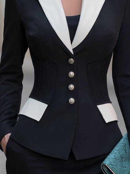 Contrast Notched Lapel Pleated Waist Blazer