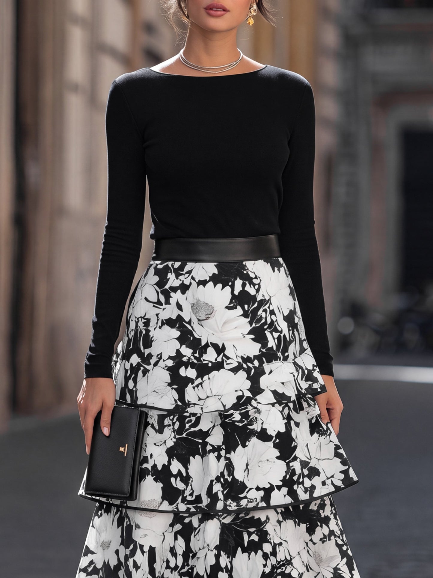 Fitted Top and Tiered Floral Midi Skirt Two-Piece Set