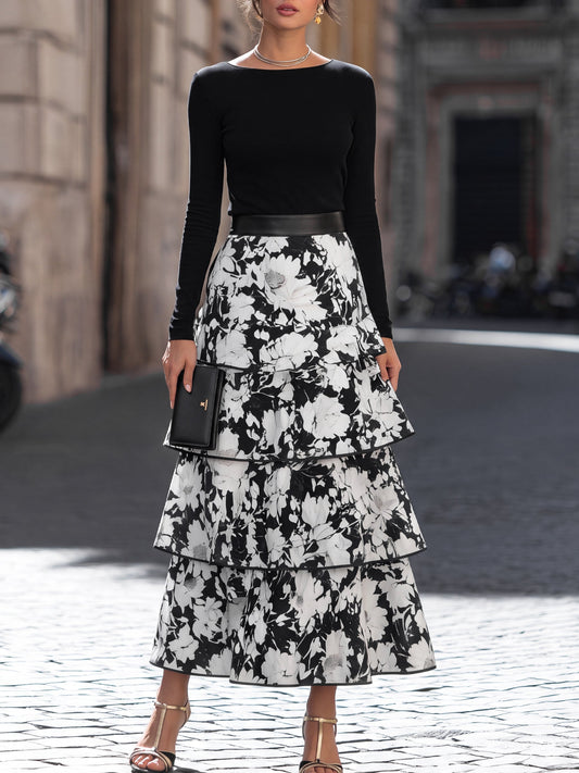 Fitted Top and Tiered Floral Midi Skirt Two-Piece Set