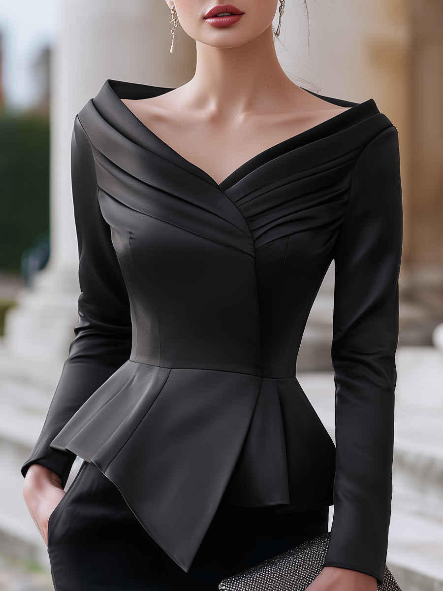 Draped Satin Long Sleeve Peplum Blouse